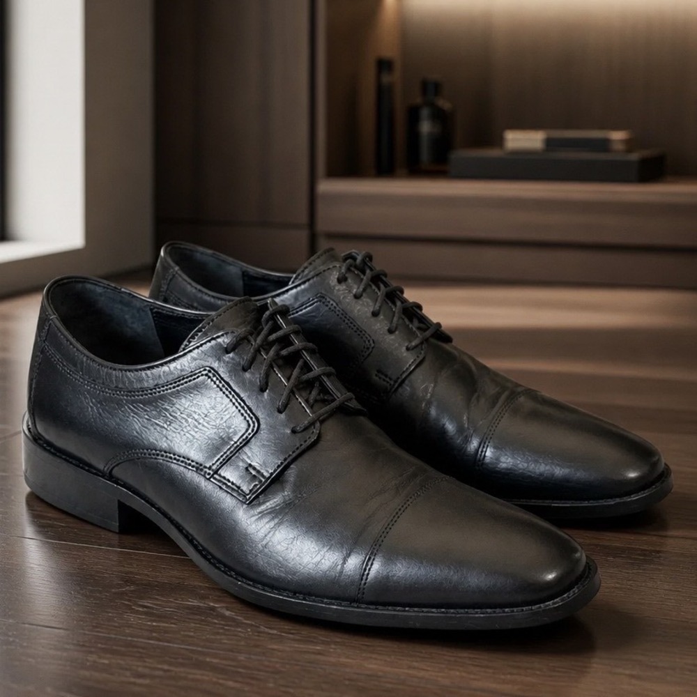 J. Murphy by Johnston & Murphy Mens Black Leather Cap Toe Derby Shoes 11M